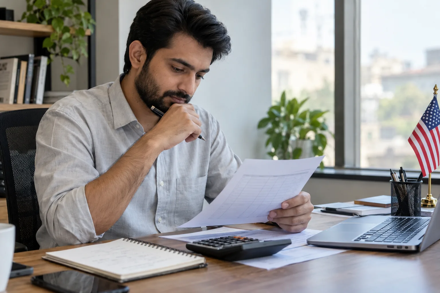Pakistani entrepreneur reviewing US LLC formation costs with a calculator and documents